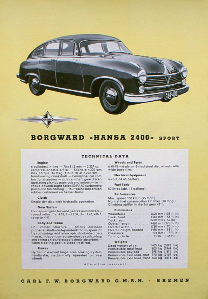 Borgward Hansa 2400 Sport Modellprogramm 1952 Automobilprospekt (10075)